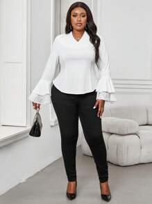 Maweii 大码女式纯色休闲喇叭袖衬衫 - 白色 - 查看 5