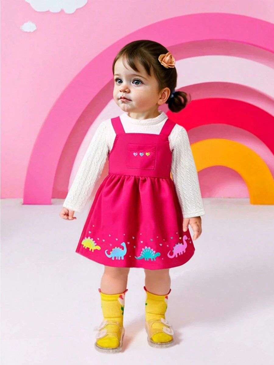 女婴可爱恐龙印花背心裙针织提花套装，春/秋 - 玫紅色 - 查看 1