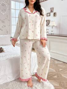 CottageSlumber Plus Size Contrast Color Ruffle Collar Floral Print Sleepwear Set - Pink - View 3