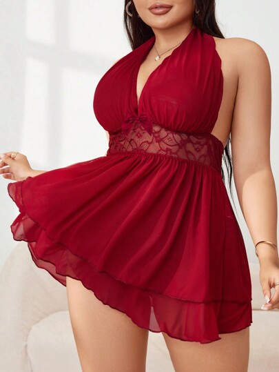 Seduluxe Große Größen Spitze & Mesh Splice Unterwäsche Kleid + Tanga Set ohne Bügel, 2 Teile