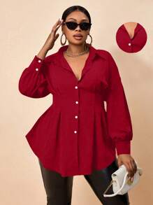 Maweii 大码女式纯色单排扣长袖优雅衬衫，春夏新年衣服女式衬衫 - 紅色 - 查看 1