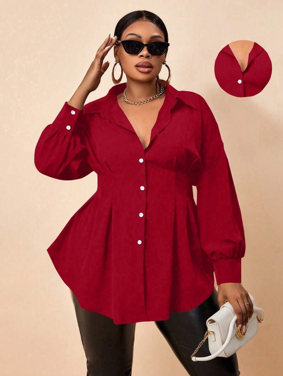 Maweii 大码女式纯色单排扣长袖优雅衬衫，春夏新年衣服女式衬衫 - 紅色 - 查看 1