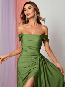 优雅缎面露肩晚礼服，高开衩裙摆 | 完美适用于伴娘、正式晚宴、奢华婚礼、盛大晚宴或红毯亮相 - 綠色 - 查看 3