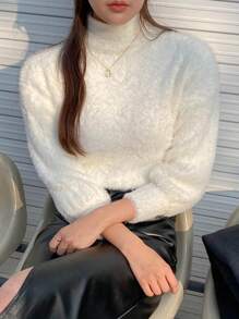 DAZY 女士蓬松高领保暖套头衫、长袖上衣、秋季女装 - 白色 - 查看 8