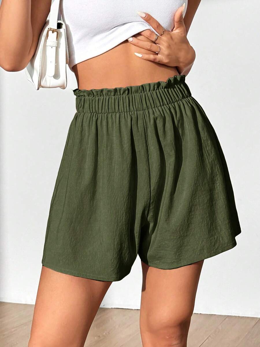 Flirla Women Loose Solid Color Ruffled Waist Casual Shorts