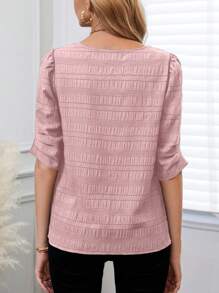 EMERY ROSE Blouse casual à manches bouffantes et col en V unie pour femmes, été - Rose pâle - Voir 2