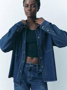 Maija Women's Casual Loose Denim Long Sleeve Shirt, Blue - Dark Wash - View 3