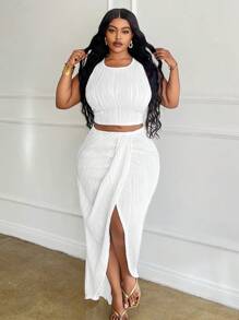 Slaydiva Plus Size White Solid Slim Fit Outfit 2pcs/Set ,All White Outfit Curve,Holiday Outfits - White - View 1