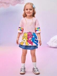 SHEIN X Care Bears Camiseta de manga corta holgada con estampado degradado de oso de dibujos animados y arcoíris, diseño joven y casual para niña, ideal para verano, vacaciones, Año Nuevo, Acción de Gracias