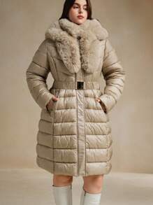 Anewsta 大码女式蓬松连帽系带长款夹克，温暖合身，适合冬季