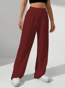 SHEIN Unity 女士纯色腰系带直腿宽松休闲裤 - 酒紅色 - 查看 3