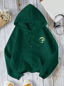 INAWLY Autumn & Winter Casual Planet Print Drawstring Hooded Fleece Sweatshirt Fall Cloth For Women - Dark Green - View 2