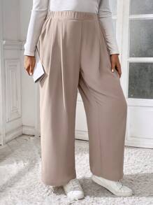 SHEIN Essnce Pantalones anchos de talle elástico con bolsillos para mujer talla grande de otoño e invierno, en color caqui, ropa informal, ropa de oficina, ropa de profesora, ropa de mujer, pantalones curvy, estilo "Old Money"