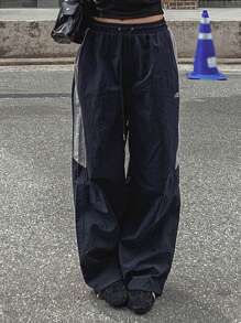 DAZY Damen Kontrast Farbblock Patchwork Buchstaben Stickerei Dekor Streetwear Lässig Hose, Weite Hose, Herbstkleidung - marineblau - Übersicht 6