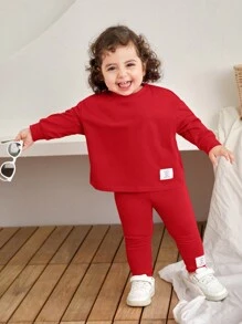 2 件套女婴可爱字母针织弹力上衣和宽松腰带裤子套装，秋冬季 - 紅色 - 查看 5