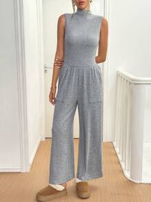 SHEIN Essnce Mono de unicolor con cuello en V y sin mangas para mujeres, monos de verano, monos para mujeres, atuendos de otoño para mujeres, monos de forro polar