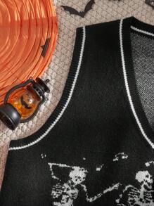 SHEIN EZwear Plus Size Unisex Skeleton Print Black & White Sweater Vest For Halloween, Couple Outfits In Fall/Winter