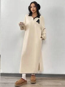 SHEIN EZwear 女款杏色针织中长连衣裙 - 杏色 - 查看 3