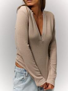 MUSERA V Neckline Long Sleeve Fitted T-Shirt Top Everyday Airport Holiday Back To School Fall Autumn Winter Christmas,Elegant