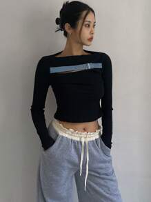 DAZY 女士镂空长袖优雅休闲T恤，修身款，秋季女装可爱上衣 - 黑色 - 查看 7