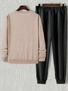 SHEIN Cottnline Men Letter Graphic Sweatshirt & Sweatpants - Camel - View 3