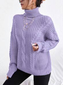 Cloudara Jersey de cuello tortuga de hombros caídos tejido de cable - Púrpura malva - Ver 3
