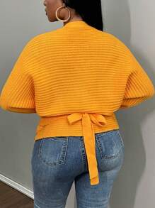 Slaydiva 女式大码纯橙色 V 领系带长袖毛衣，休闲秋冬 - 橘色 - 查看 2