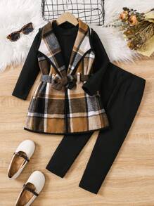 SHEIN Elladie kids 2 chiếc áo thun dài tay cổ tròn màu trơn cho bé gái trẻ, áo vest kẻ caro không tay và quần dài trang phục thường ngày - màu đen - Xem 1