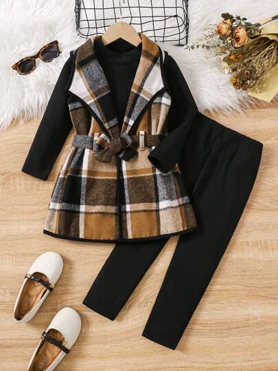 SHEIN Elladie kids 2 件装年轻女孩纯色圆领长袖上衣、无袖格子背心和裤子休闲装