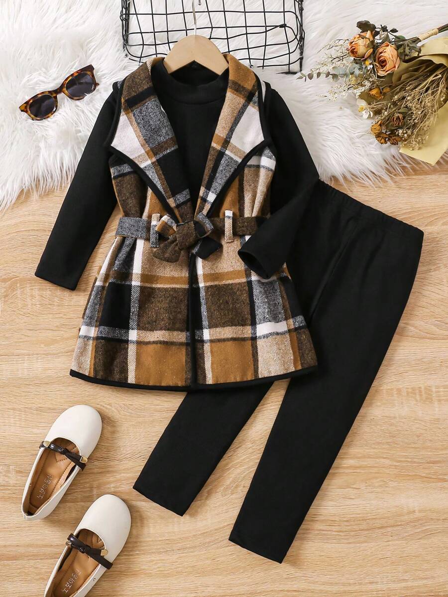 SHEIN Elladie kids 2 chiếc áo thun dài tay cổ tròn màu trơn cho bé gái trẻ, áo vest kẻ caro không tay và quần dài trang phục thường ngày - màu đen - Xem 1