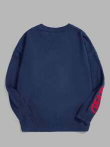 SHEIN EZwear Áo thun cổ tròn tay dài in hình đầu lâu cỡ lớn thường ngày - Xanh đậm - Xem 2