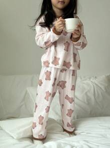 DAZY 2 peças de blusa e calça de manga comprida com estampa de urso de desenho animado para meninas jovens, roupa casual, primavera outono