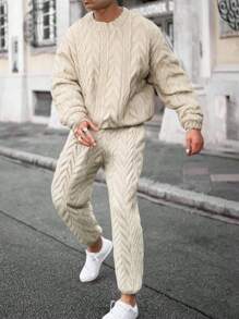 Manfinity Homme 男士圆领长袖简约卫衣和前系带休闲裤休闲装，两件套卫衣套装，男士针织两件套，舒适服装，秋冬服装 - 杏色 - 查看 1