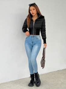 SHEIN PETITE 秋冬拉链毛绒装饰连帽短款黑色夹克 - 黑色 - 查看 4