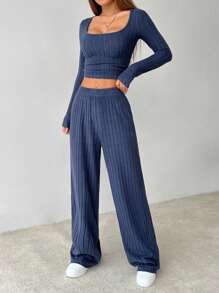 SHEIN PETITE Women's Crop Top And Long Pants Striped Textured Fabric Two Pieces Set Airport Outfit