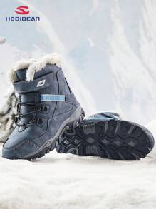 Kids Snow Boots With Plush Lining, Winter Warm Waterproof Non-Slip Outdoor Booties For Boys And Girls, Thick Sole, Grow-With-Me Size, Black