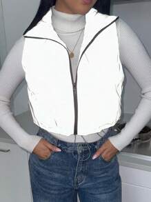 SHEIN Essnce Women's Casual Fashion Winter Warmth Zipper Short Padded Vest Winter Coats Reflective Fabric Winter Coats Fashionable Winter Cold-Proof Jacket Short Zipper Front Padded Coat