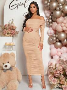 Loomaby Maternity Off Shoulder Long Sleeve Ruched Maxi Casual Dress, For Baby Shower - Apricot - View 4