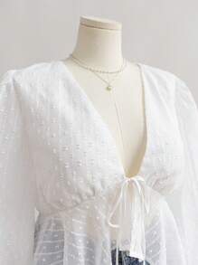 Soleia Áo sơ mi babydoll dài tay họa tiết chấm bi trắng, quần áo dự tiệc tốt nghiệp trở lại trường, trang phục mùa thu - trắng - Xem 5