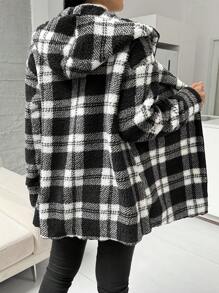 SHEIN Essnce 黑白格子连帽蓬松宽松夹克、女式短外套、泰迪大衣、冬季女装、秋季女装、格子夹克 - 黑與白 - 查看 4