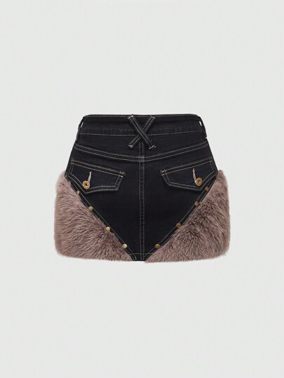 Grunge Punk Y2K Vintage Sexy Patchwork Fuzzy Super Short Mini Denim Skirt