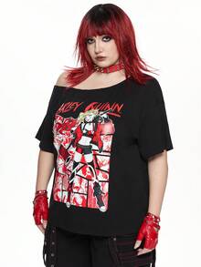 Harley Quinn | ROMWE Áo phông in chữ & nhân vật hoạt hình phong cách Punk tối màu cỡ lớn, mùa hè - màu đen - Xem 6
