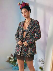 VERO DIAZ Frida Kahlo X SHEIN X Designer 商务休闲花卉和蝴蝶印花翻领西装外套，节日、感恩节、春季、节日、办公室 - 彩色 - 查看 9