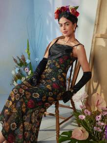 Frida Kahlo X SHEIN X Designer VERO DIAZ Floral & Butterfly Print Ruched Front Cami Dress, Summer, Holiday, Party, Thanksgiving, Birthday Outfits, Festival