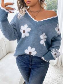 Elenzga Plus Size Floral Embellished V-Neck Long Sleeve Pullover Sweater, Casual Everyday Wear, For Winter Knit Pullover Fall Autumn - Blue - View 1