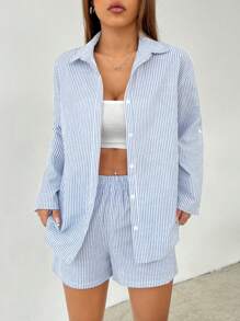 SHEIN PETITE Women's Fashion Vertical Striped Shirt Shorts Suit Commuting Simple Office Simple - Blue and White - View 2
