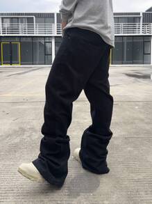 Manfinity EMRG 男士休闲喇叭口袋牛仔裤，纯色修身长款黑色洗水工装牛仔裤，适合送给老公、男朋友的礼物 - 黑色 - 查看 2