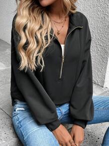 SHEIN LUNE Fall/Winter Women Zip Sweatshirt  Casual Loose ,Black Football Sweatshirt