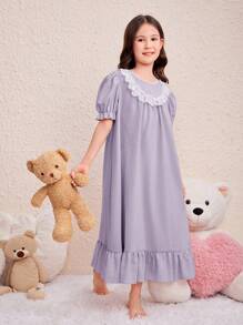 SHEIN Tween Girl Cute Princess Style Floral Embroidery Puff Sleeve Ruffle Trim Woven Nightgown - Dusty Purple - View 2