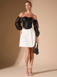 Glamine 女士 PU 皮革人字形网眼露肩优雅衬衫